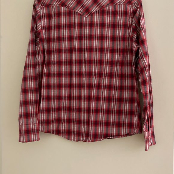 Red Plaid Rough Stock Western Shirt with Pearl Snap Buttons - Picture 3 of 6